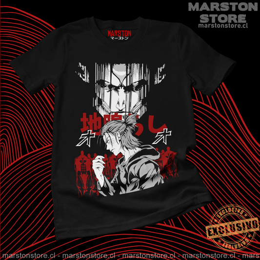 Polera negra Shingeki no Kyojin con diseño de Eren Jaeger