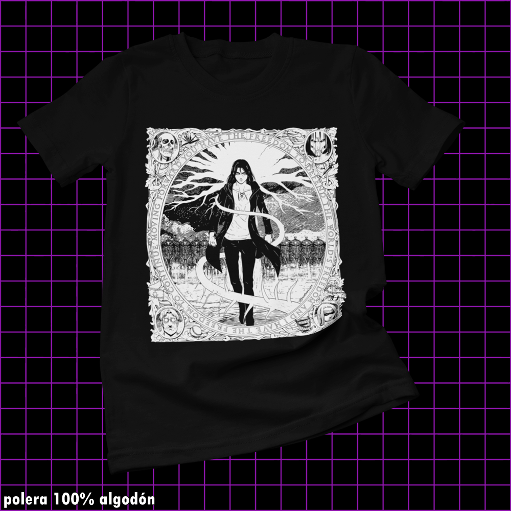 Polera negra Shingeki no Kyojin con diseño de Eren Jaeger