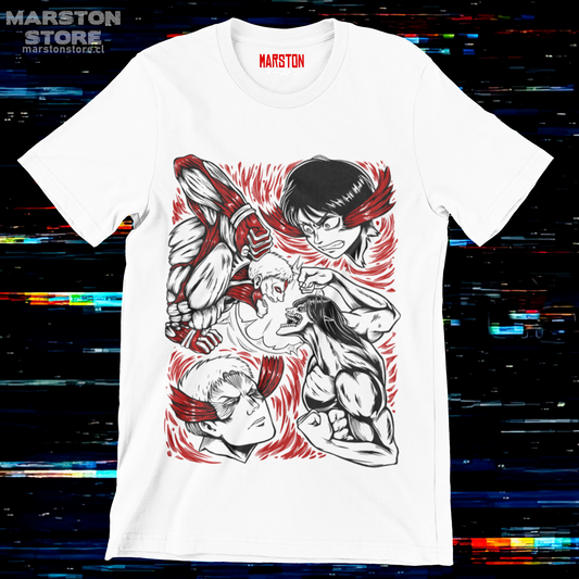 Polera blanca Shingeki no Kyojin con Eren Jaeger y Reiner Braun