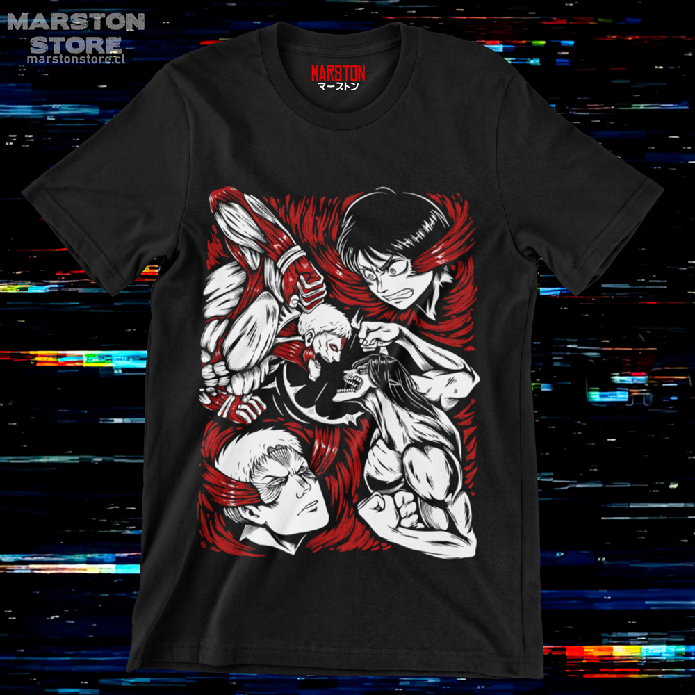 Polera negra Shingeki no Kyojin con Eren Jaeger y Reiner Braun