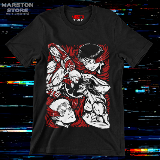 Polera negra Shingeki no Kyojin con Eren Jaeger y Reiner Braun