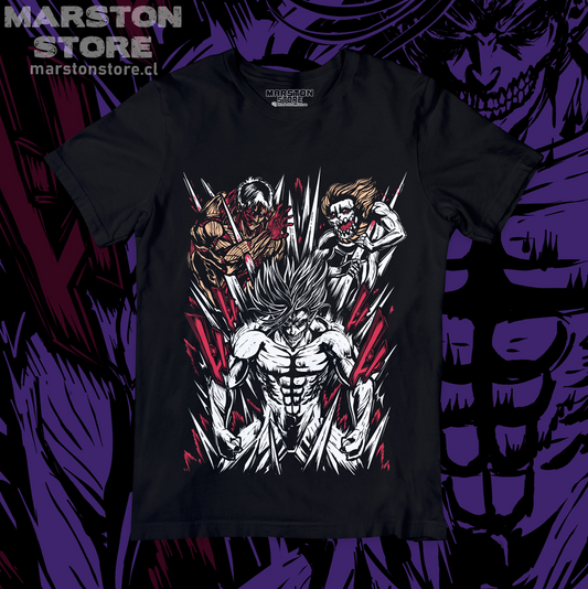 Polera negra Shingeki no Kyojin con Eren Jaeger, Reiner Braun y Porco Galliard