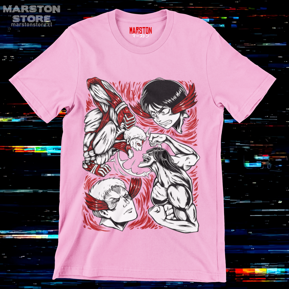 Polera rosada Shingeki no Kyojin con Eren Jaeger y Reiner Braun