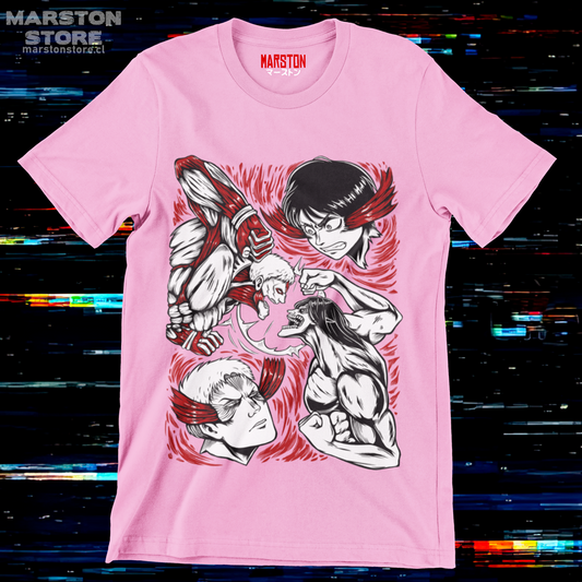 Polera rosada Shingeki no Kyojin con Eren Jaeger y Reiner Braun
