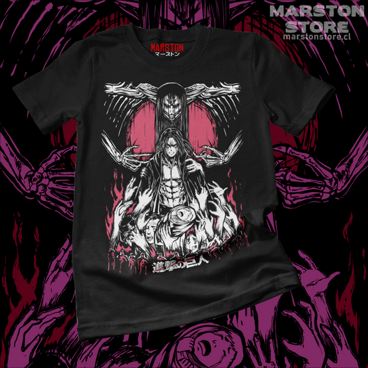 Polera negra Shingeki no Kyojin con Eren Jaeger y diseño del Retumbar