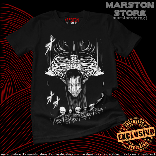Polera negra Shingeki no Kyojin con Eren Jaeger y diseño del Retumbar