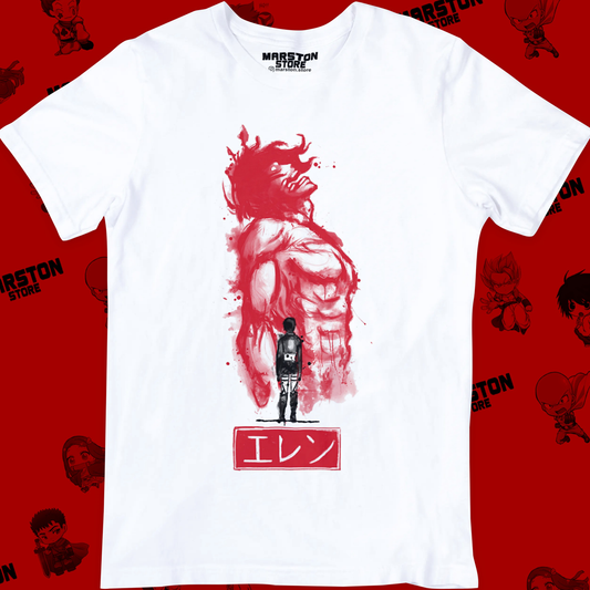 Polera blanca Shingeki no Kyojin con Eren Jaeger y el Titán de Ataque
