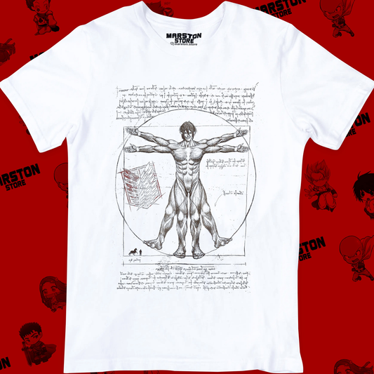 Polera blanca Shingeki no Kyojin con diseño Hombre de Vitruvio Titán