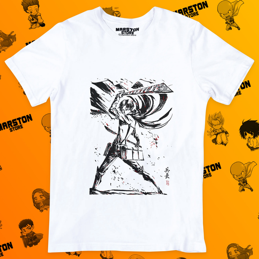 Polera blanca Shingeki no Kyojin con diseño de Levi Ackerman