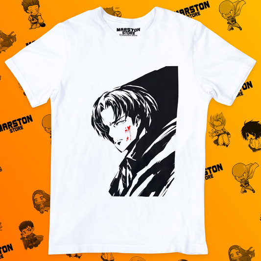 Polera blanca Shingeki no Kyojin con diseño de Levi Ackerman