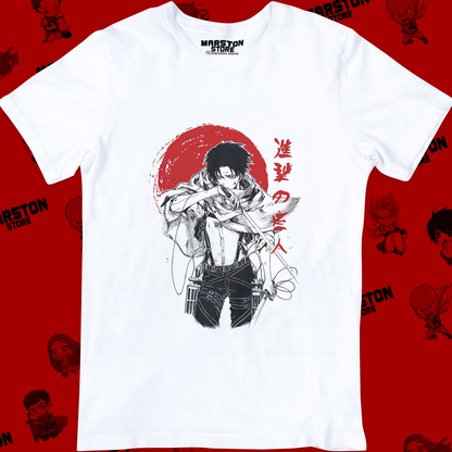 Polera blanca Shingeki no Kyojin con diseño de Levi Ackerman