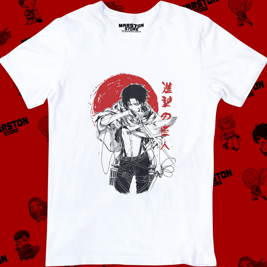 Polera blanca Shingeki no Kyojin con diseño de Levi Ackerman