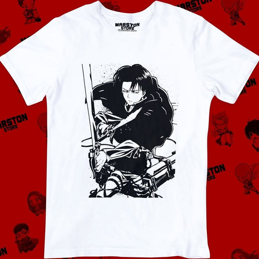 Polera blanca Shingeki no Kyojin con diseño de Levi Ackerman