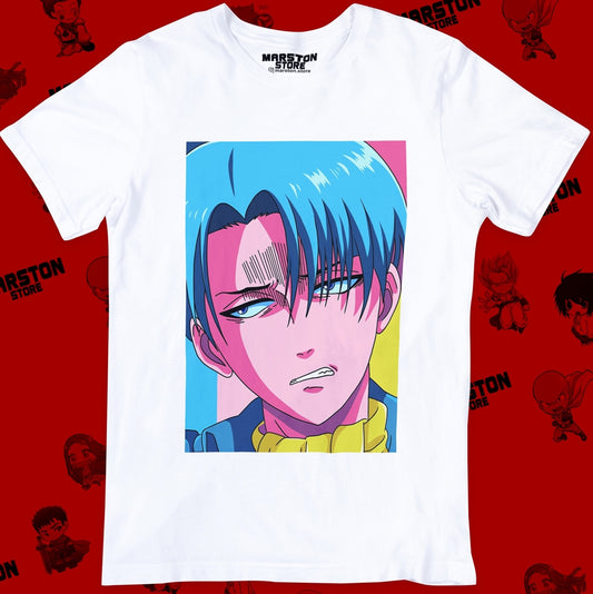 Polera blanca Shingeki no Kyojin con diseño de Levi Ackerman