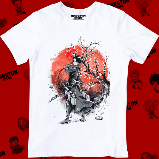 Polera blanca Shingeki no Kyojin con diseño de Levi Ackerman