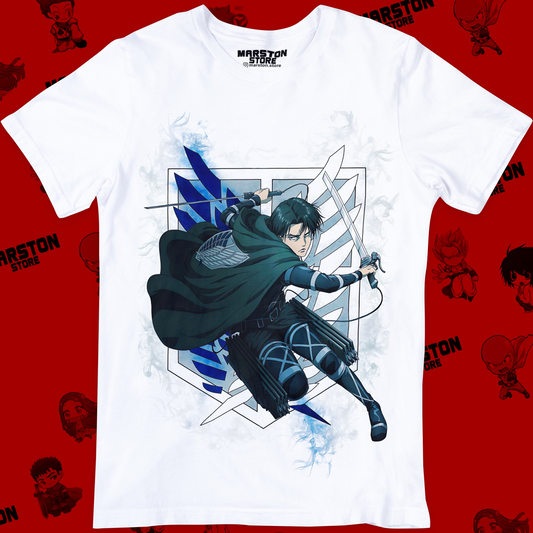 Polera blanca Shingeki no Kyojin con diseño de Levi Ackerman