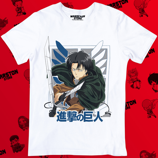 Polera blanca Shingeki no Kyojin con diseño de Levi Ackerman