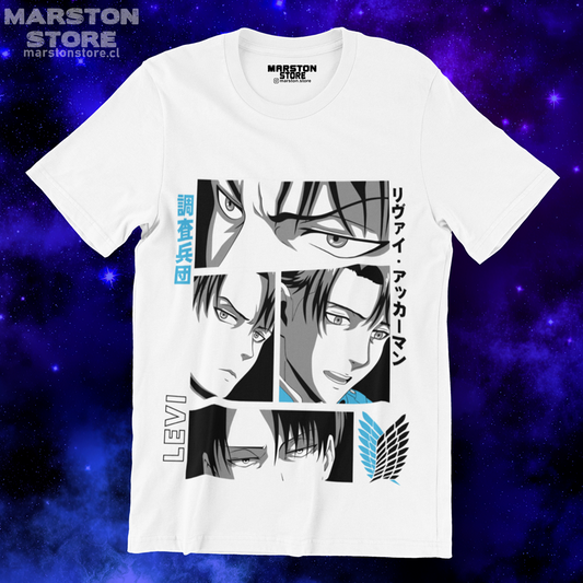 Polera blanca Shingeki no Kyojin con diseño de Levi Ackerman