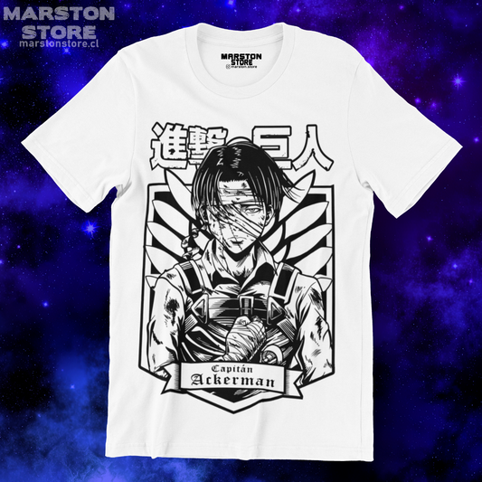 Polera blanca Shingeki no Kyojin con diseño de Levi Ackerman