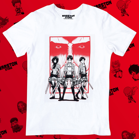 Polera blanca Shingeki no Kyojin con Levi Ackerman, Eren Jaeger y Mikasa Ackerman