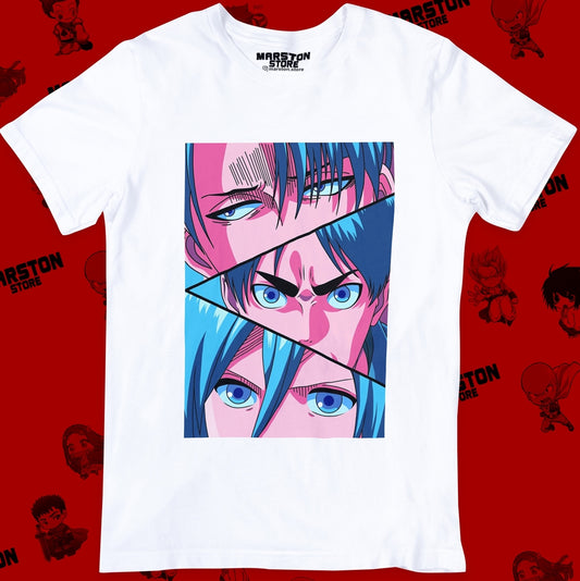 Polera blanca Shingeki no Kyojin con Levi Ackerman, Eren Jaeger y Mikasa Ackerman