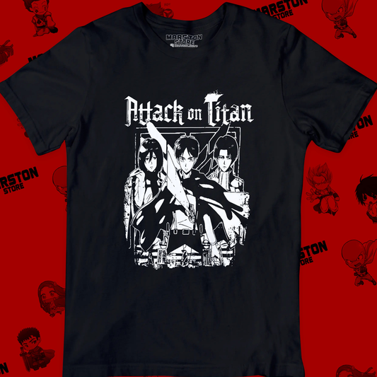 Polera negra Shingeki no Kyojin con Levi Ackerman, Eren Jaeger y Mikasa Ackerman