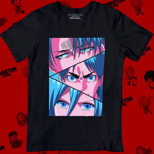 Polera negra Shingeki no Kyojin con Levi Ackerman, Eren Jaeger y Mikasa Ackerman