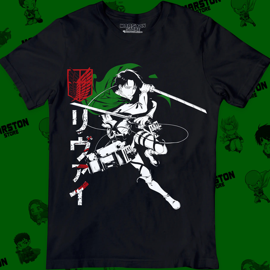 Polera negra Shingeki no Kyojin con diseño de Levi Ackerman
