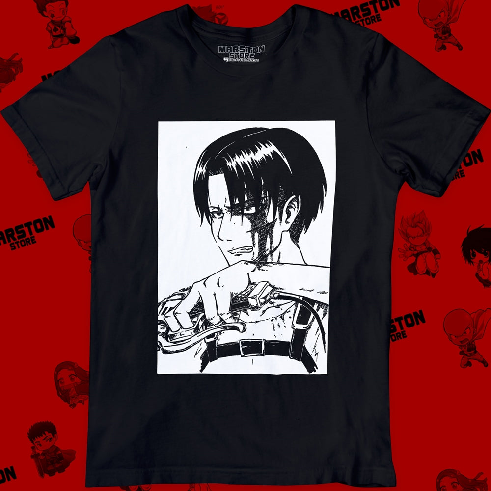Polera negra Shingeki no Kyojin con diseño de Levi Ackerman