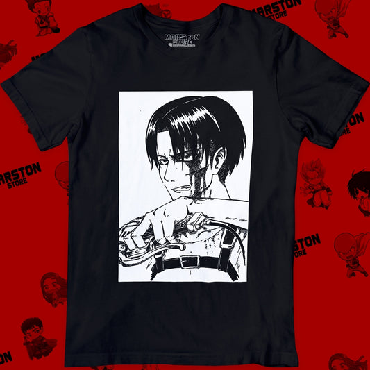 Polera negra Shingeki no Kyojin con diseño de Levi Ackerman