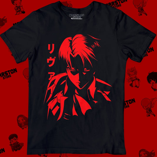 Polera negra Shingeki no Kyojin con diseño de Levi Ackerman