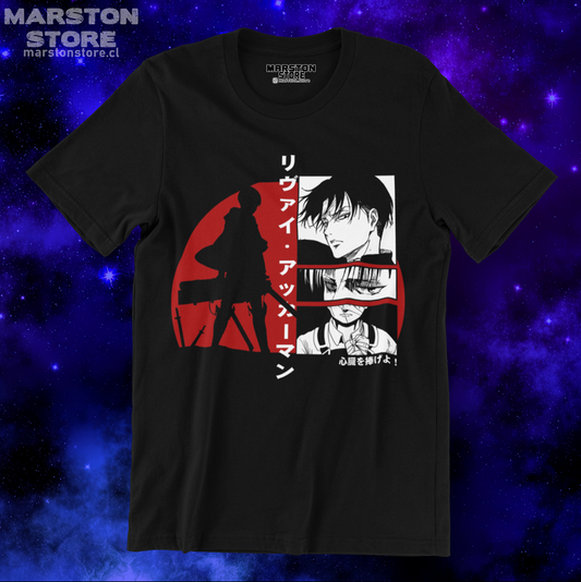 Polera negra Shingeki no Kyojin con diseño de Levi Ackerman