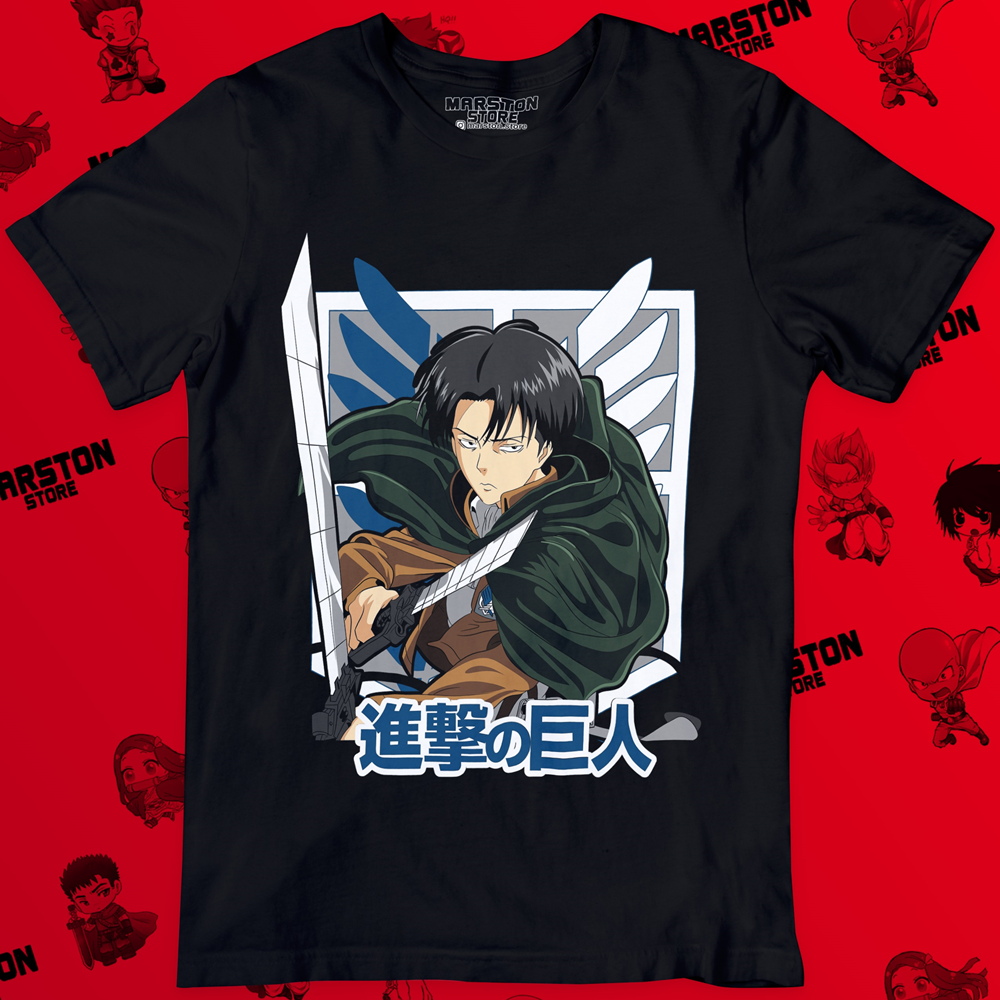 Polera negra Shingeki no Kyojin con diseño de Levi Ackerman