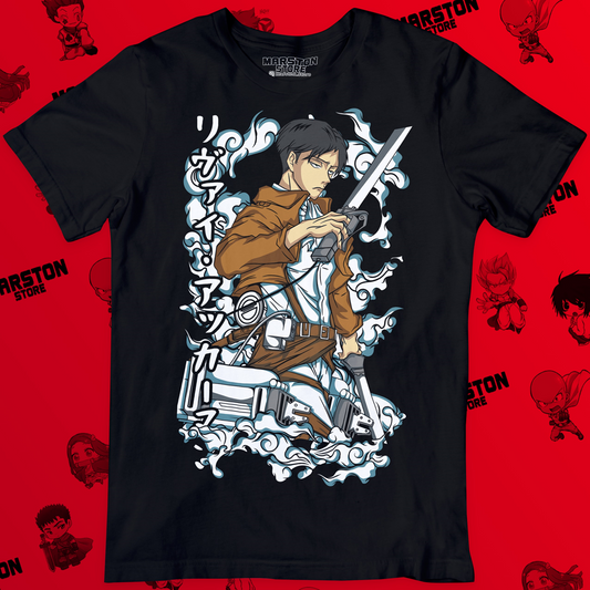 Polera negra Shingeki no Kyojin con diseño de Levi Ackerman