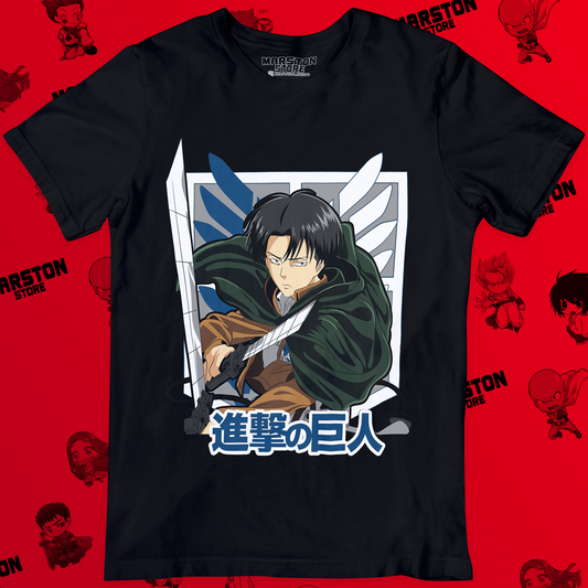 Polera negra Shingeki no Kyojin con diseño de Levi Ackerman