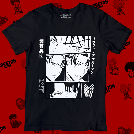 Polera negra Shingeki no Kyojin con diseño de Levi Ackerman
