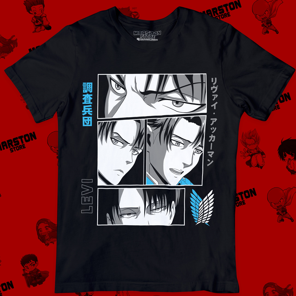 Polera negra Shingeki no Kyojin con diseño de Levi Ackerman