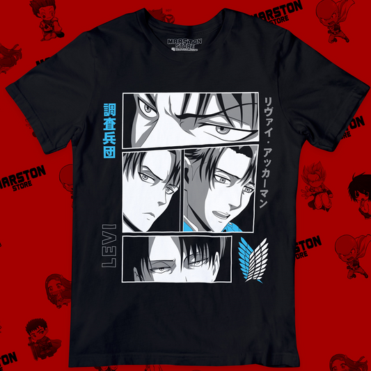 Polera negra Shingeki no Kyojin con diseño de Levi Ackerman