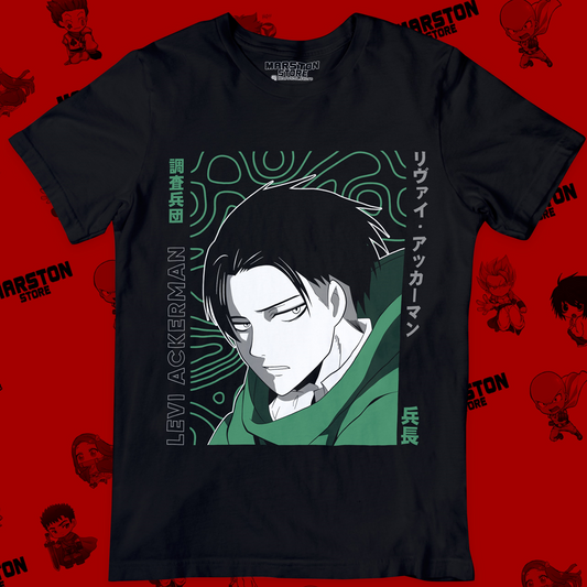 Polera negra Shingeki no Kyojin con diseño de Levi Ackerman
