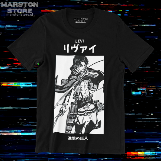 Polera negra Shingeki no Kyojin con diseño de Levi Ackerman