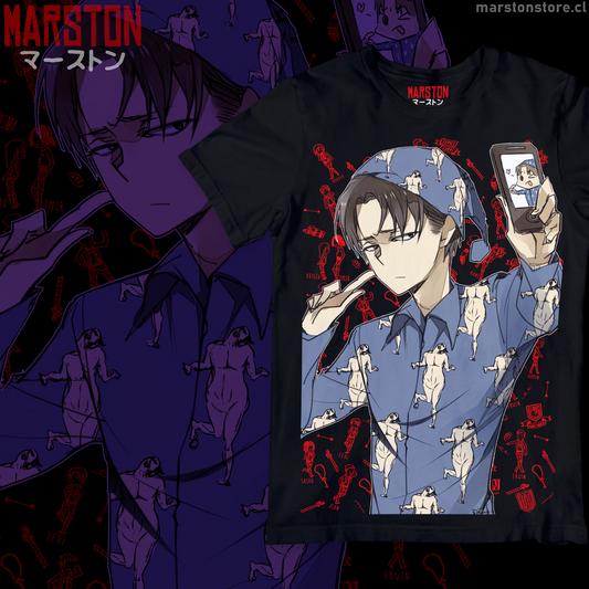 Polera negra Shingeki no Kyojin con diseño de Levi Ackerman