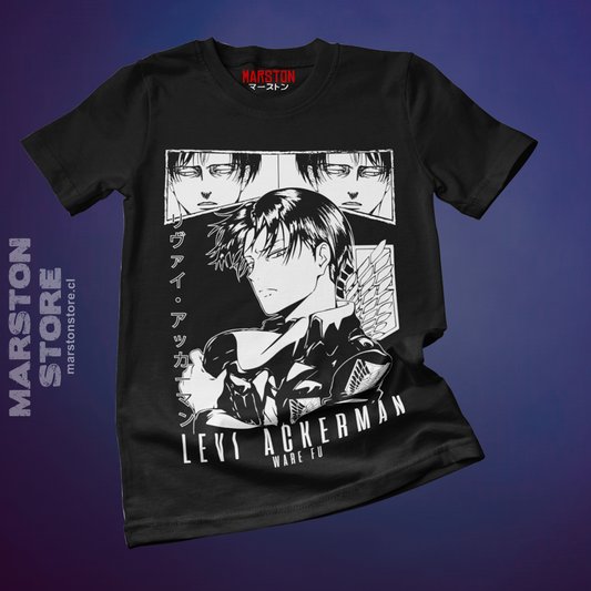 Polera negra Shingeki no Kyojin con diseño de Levi Ackerman