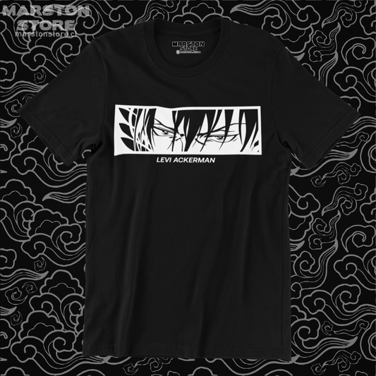 Polera negra Shingeki no Kyojin con diseño de Levi Ackerman