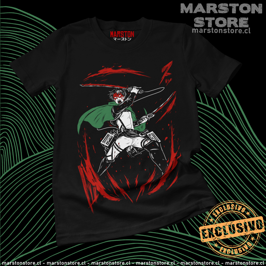 Polera negra Shingeki no Kyojin con diseño de Levi Ackerman
