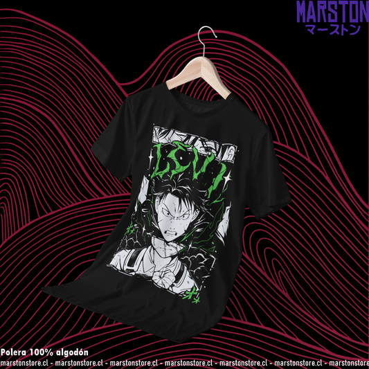 Polera negra Shingeki no Kyojin con diseño de Levi Ackerman