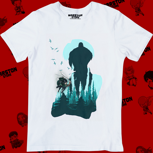 Polera blanca Shingeki no Kyojin con Levi Ackerman y el Titán Bestia