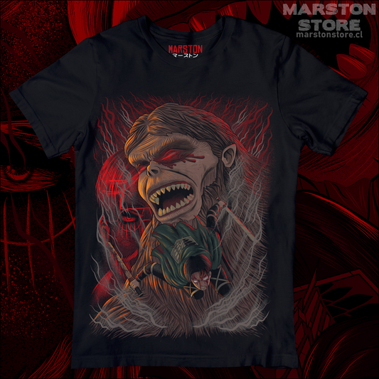 Polera negra Shingeki no Kyojin con Levi Ackerman y el Titán Bestia