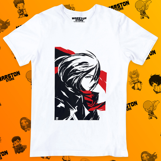 Polera blanca Shingeki no Kyojin con diseño de Mikasa Ackerman