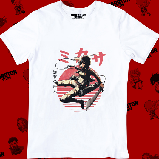 Polera blanca Shingeki no Kyojin con diseño de Mikasa Ackerman