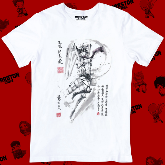 Polera blanca Shingeki no Kyojin con diseño de Mikasa Ackerman